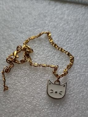 Hand Crafted Gold Bracelet/ Anklet with White Enamel Cat Charm